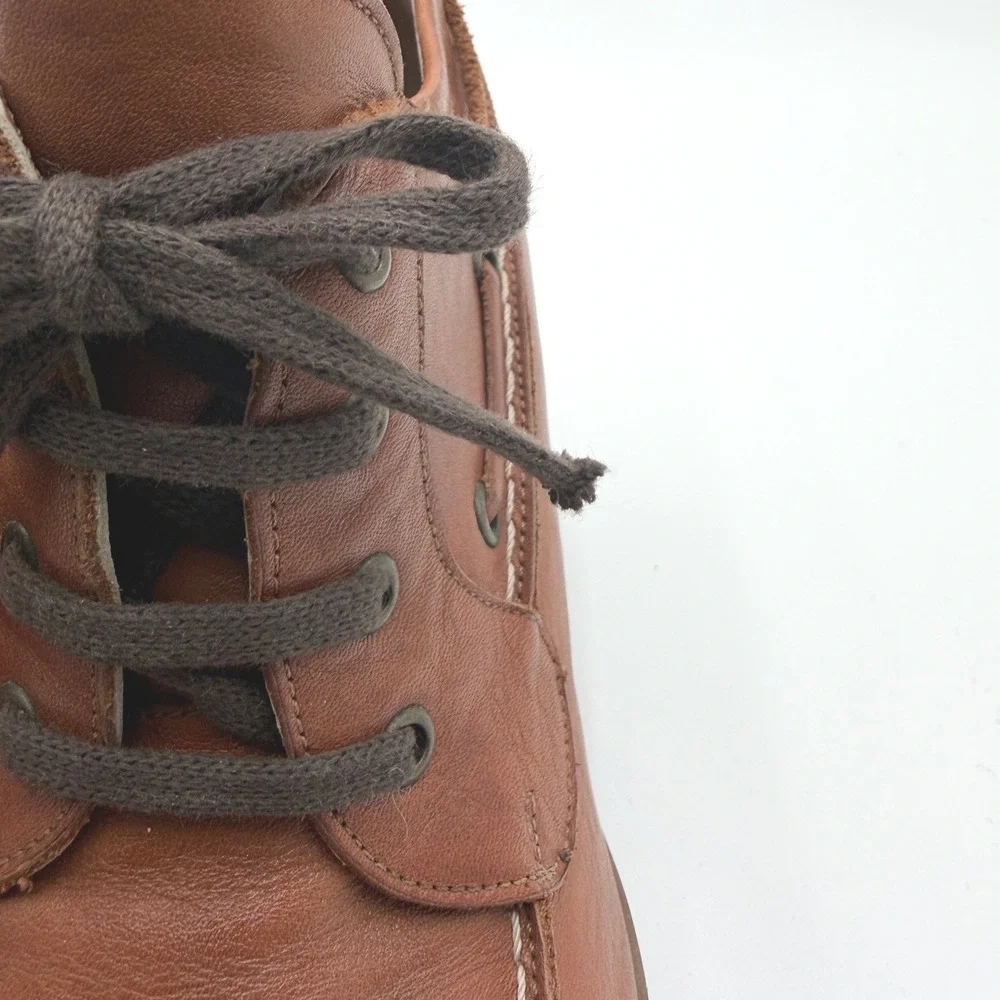Greyder Cognac Leather Heeled Loafer Booties Size 38 7.5 Lace Up Boat Shoe Style
